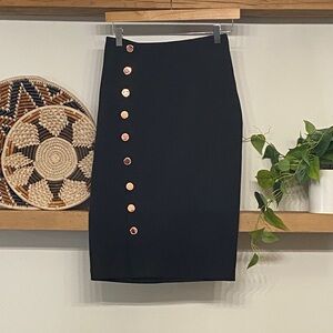 Ivanka Trump Black Pencil Skirt with Rose Gold Button Detail, Size 2